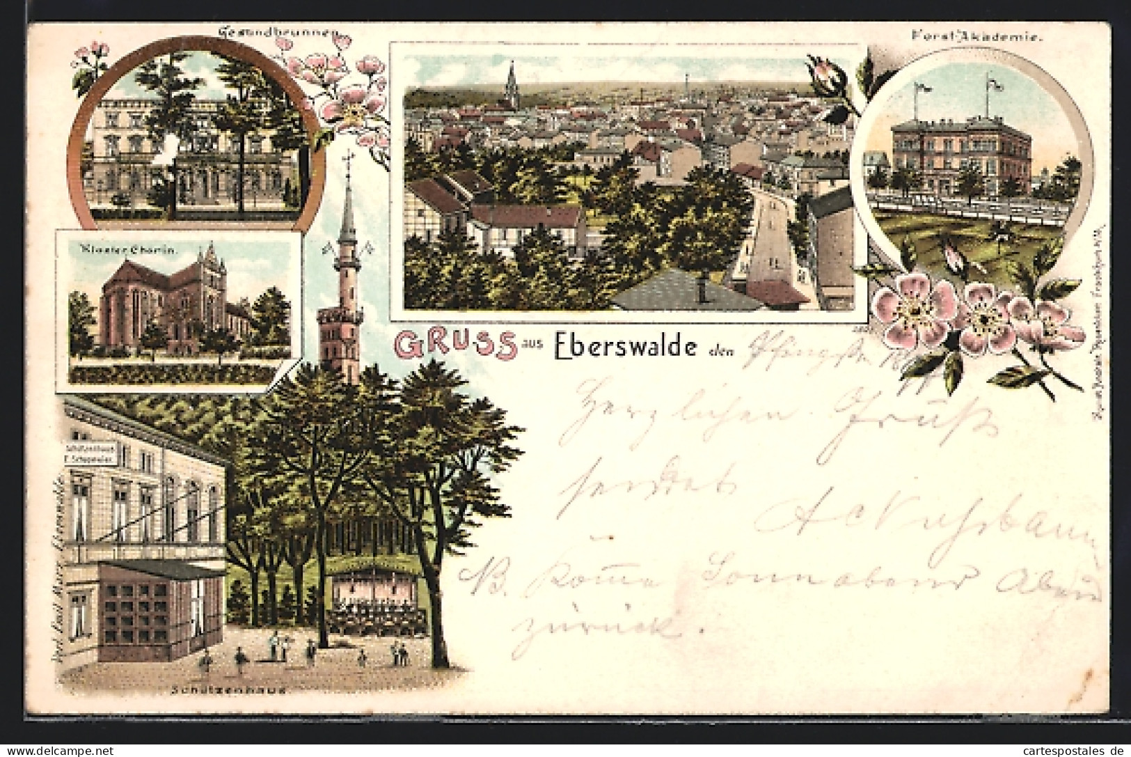 Lithographie Eberswalde, Gesundbrunnen, Kloster Chorin, Gasthof Schützenhaus, Forstakademie  - Forst