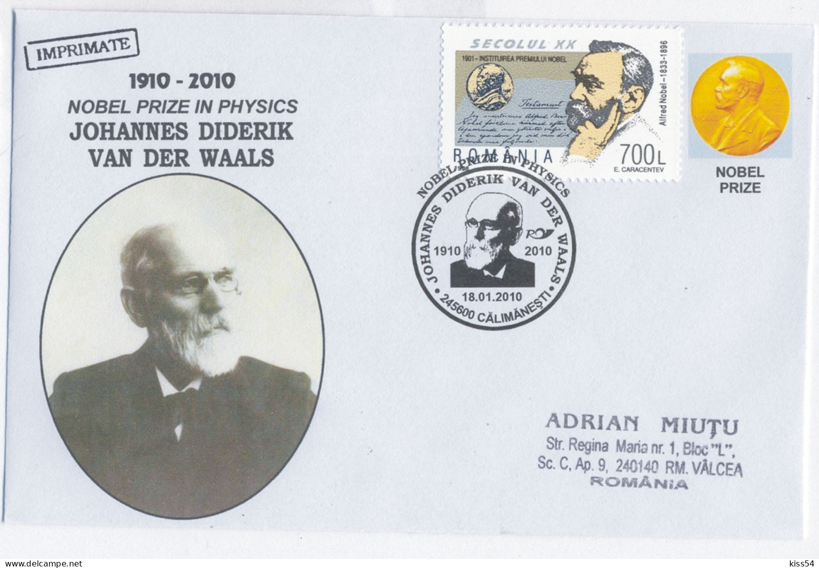 COV 16 - 900 J. D. Van Der WAALS, Nobel Prize In PHYSICS, Romania - Cover - Used - 2010 - Premio Nobel