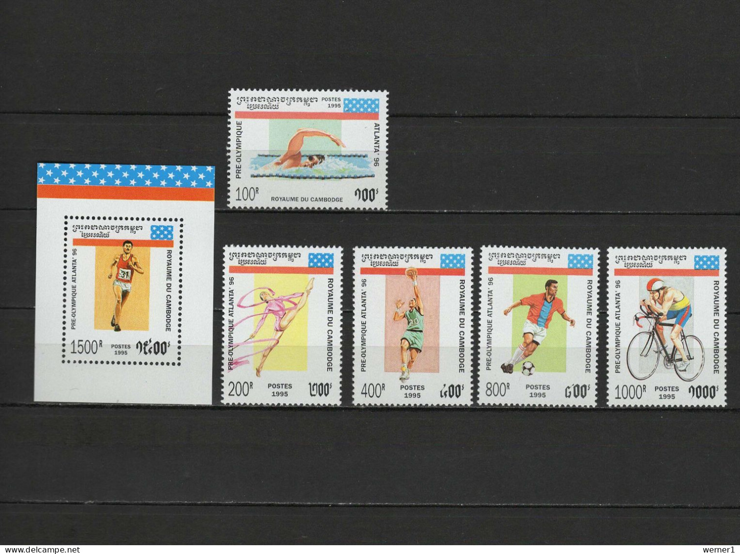 Cambodia 1995 Olympic Games Atlanta, Football Soccer, Cycling, Swimming Etc. Set Of 5 + S/s MNH - Zomer 1996: Atlanta