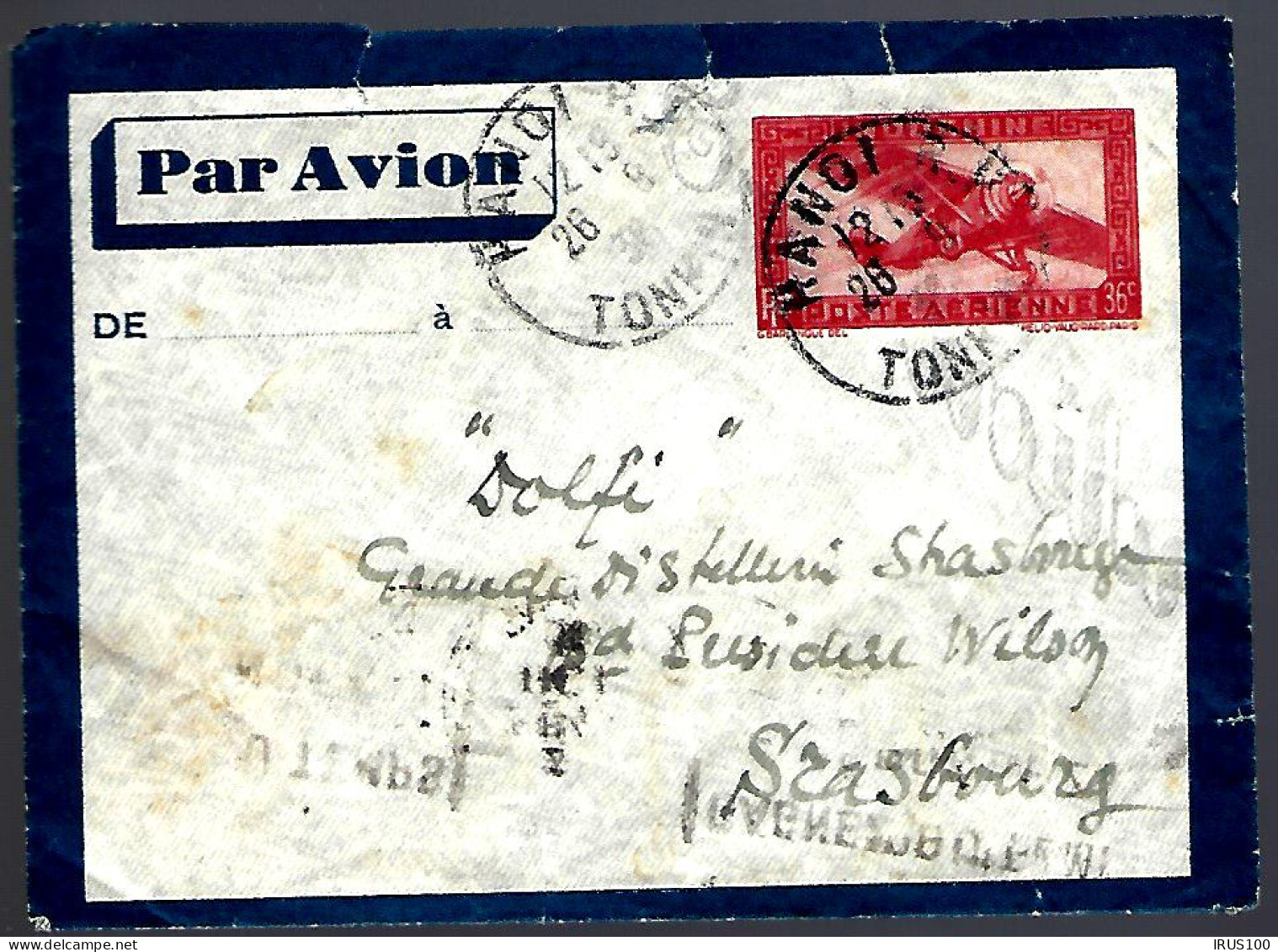 HANOI 1936 - POUR STRASBOURG - POSTE AÉRIENNE - - Poste Aérienne