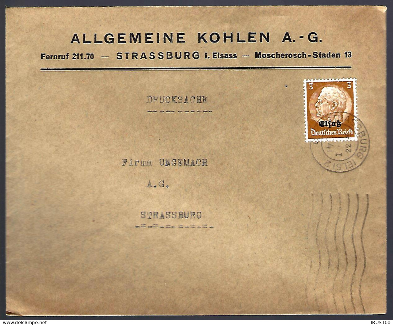 STRASBOURG - 1941 - 3pf HINDENBURG SURCHARGÉ Elsaß - Altri & Non Classificati