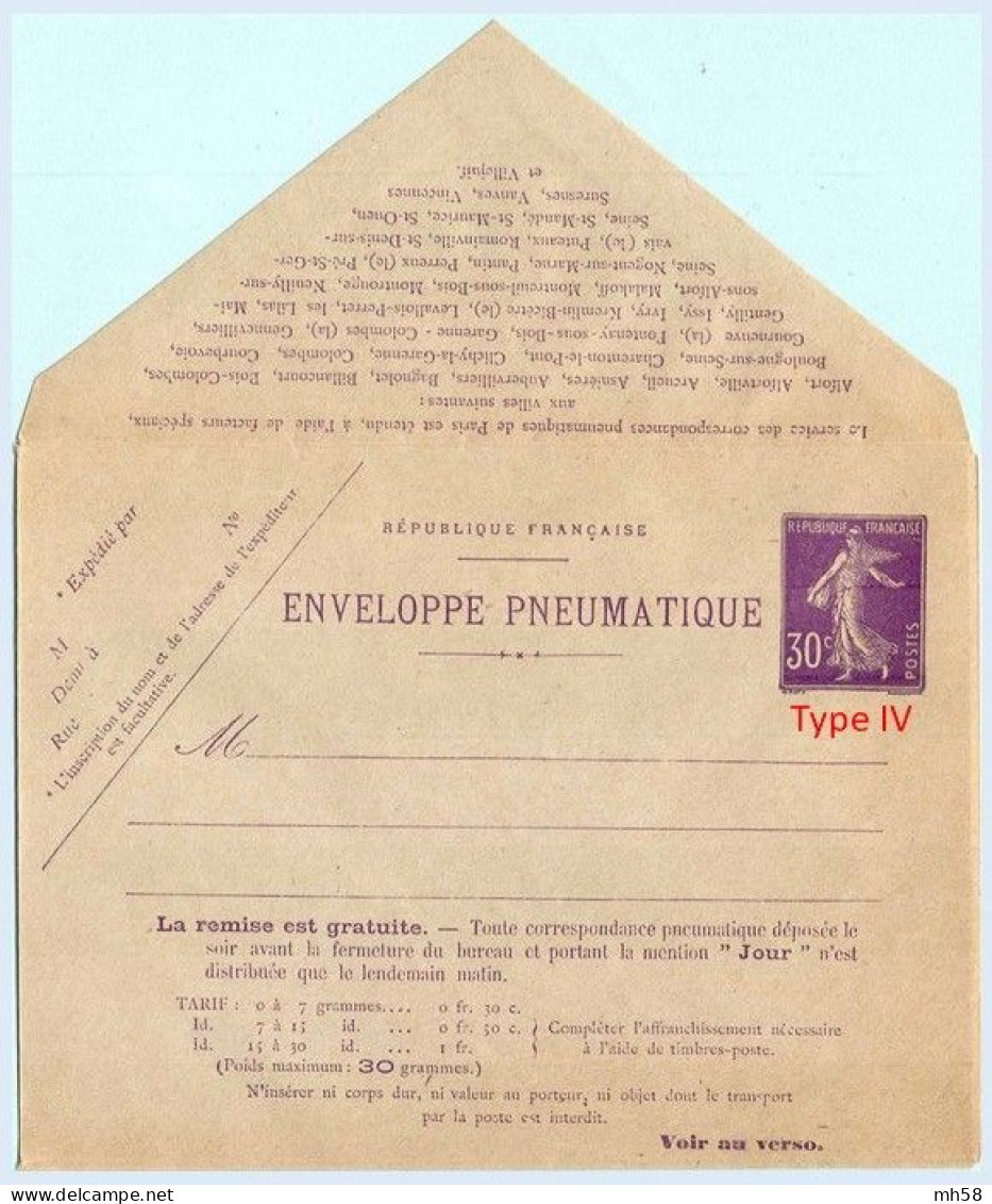 Entier FRANCE - Enveloppe Pneumatique Papier Gris Azuré Neuf ** - 30c Semeuse Violet - Pneumatiques