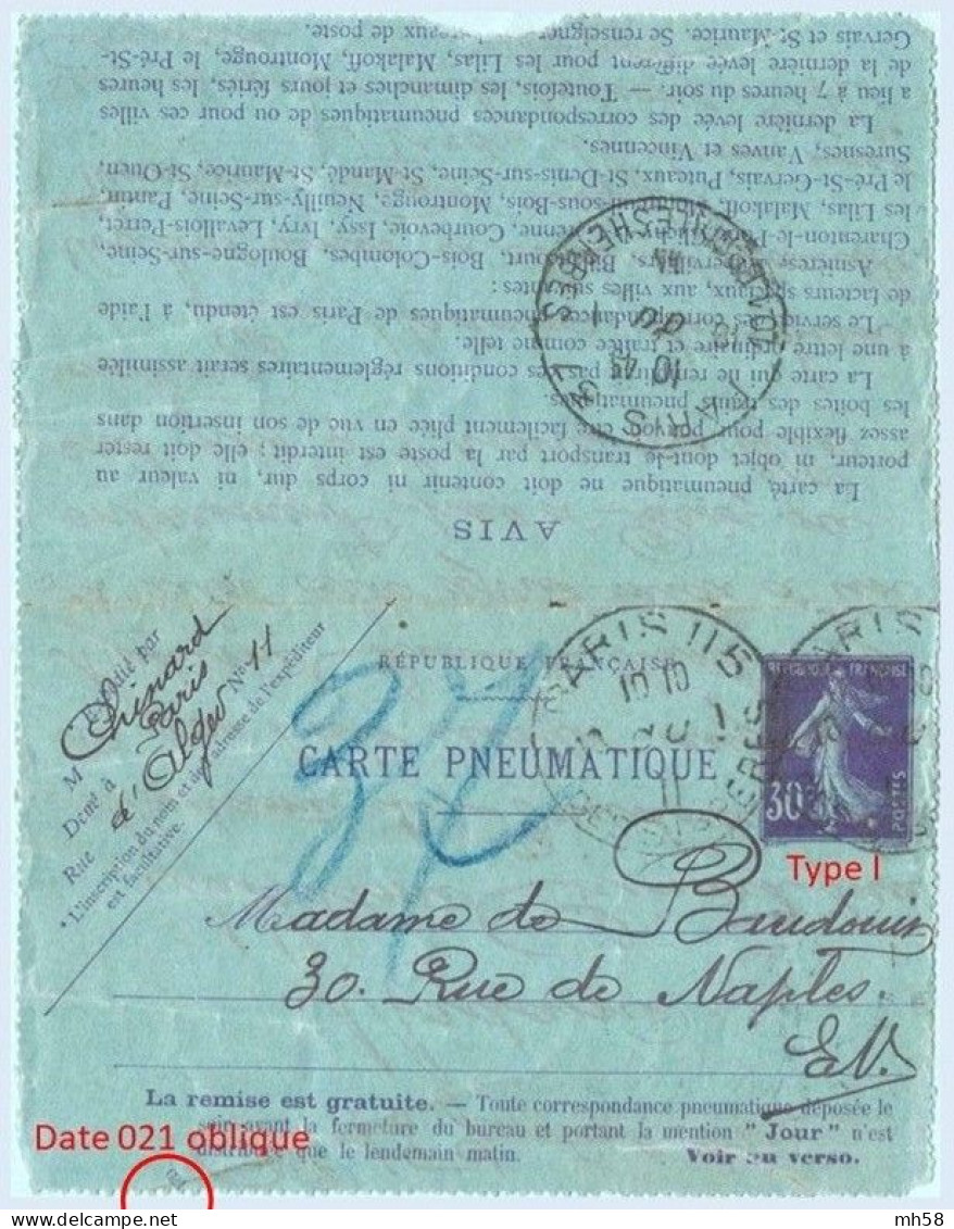 Entier FRANCE - Carte-lettre Pneumatique Date 021 Oblique Oblitéré - 30c Semeuse Violet - Pneumatiques