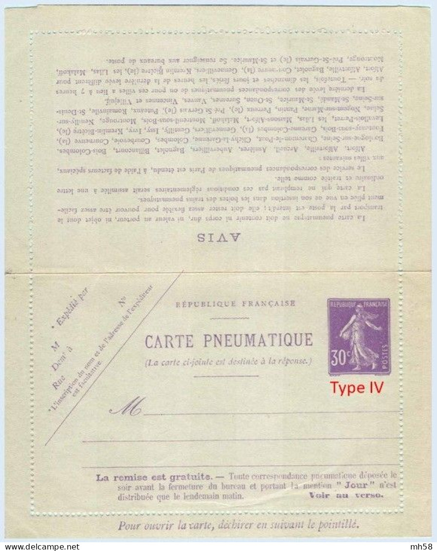 Entier FRANCE - Carte-lettre Pneumatique Réponse Payée Neuf ** - 30c Semeuse Violet - Pneumatiques