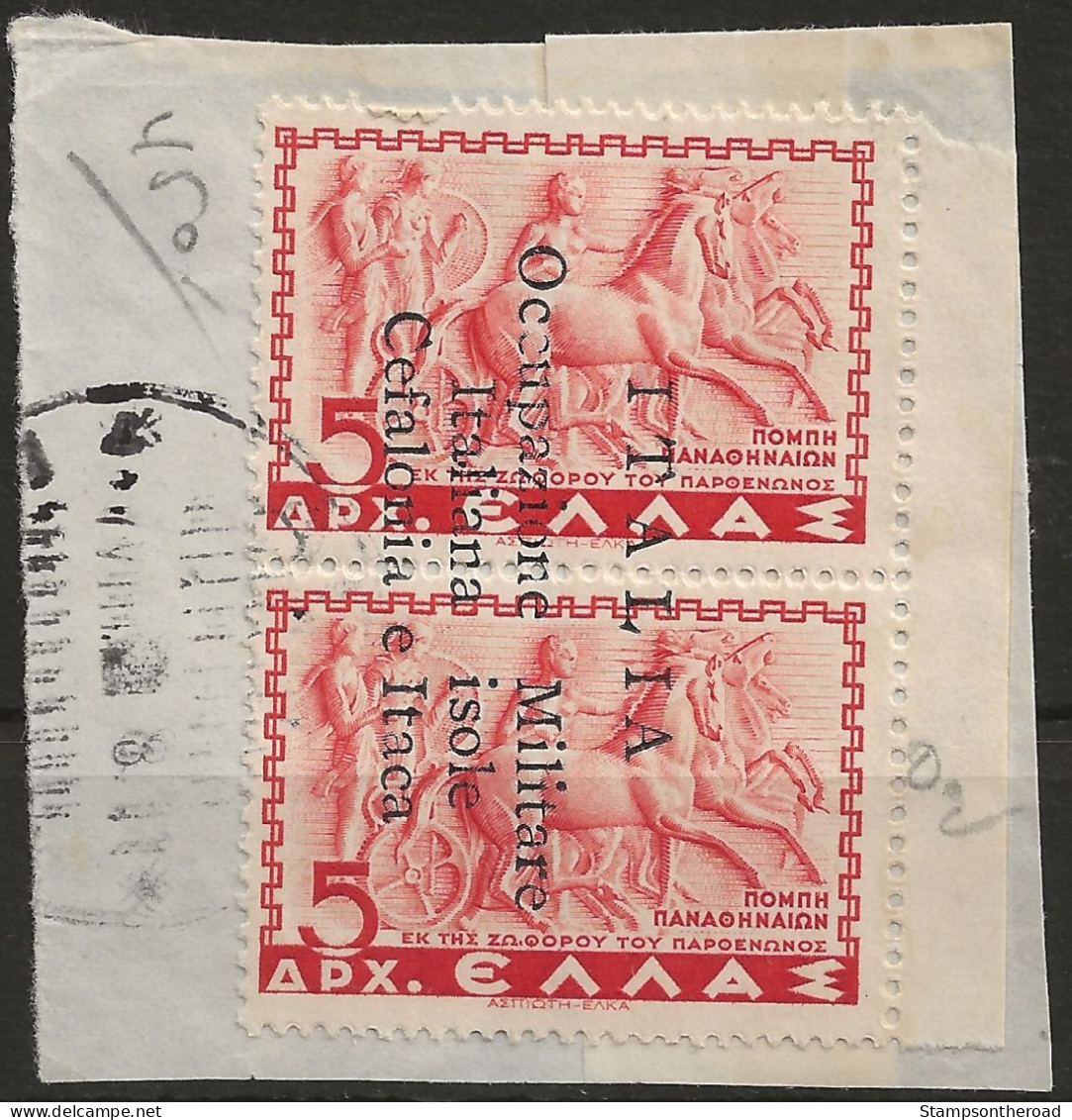 OICI18UFR2-1941 Occup. Italiana CEFALONIA E ITACA, Sass. Nr. 18, Francobollo Usato Per Posta Su Frammento °/ - Cefalonia & Itaca