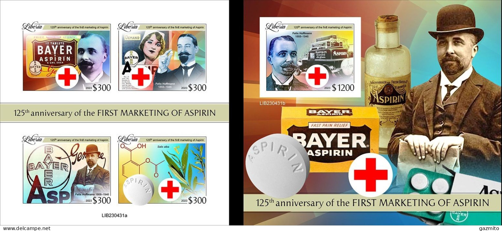 Liberia 2023, Aspirin, Red Cross, 4val In BF +BF IMPERFORATED - Liberia