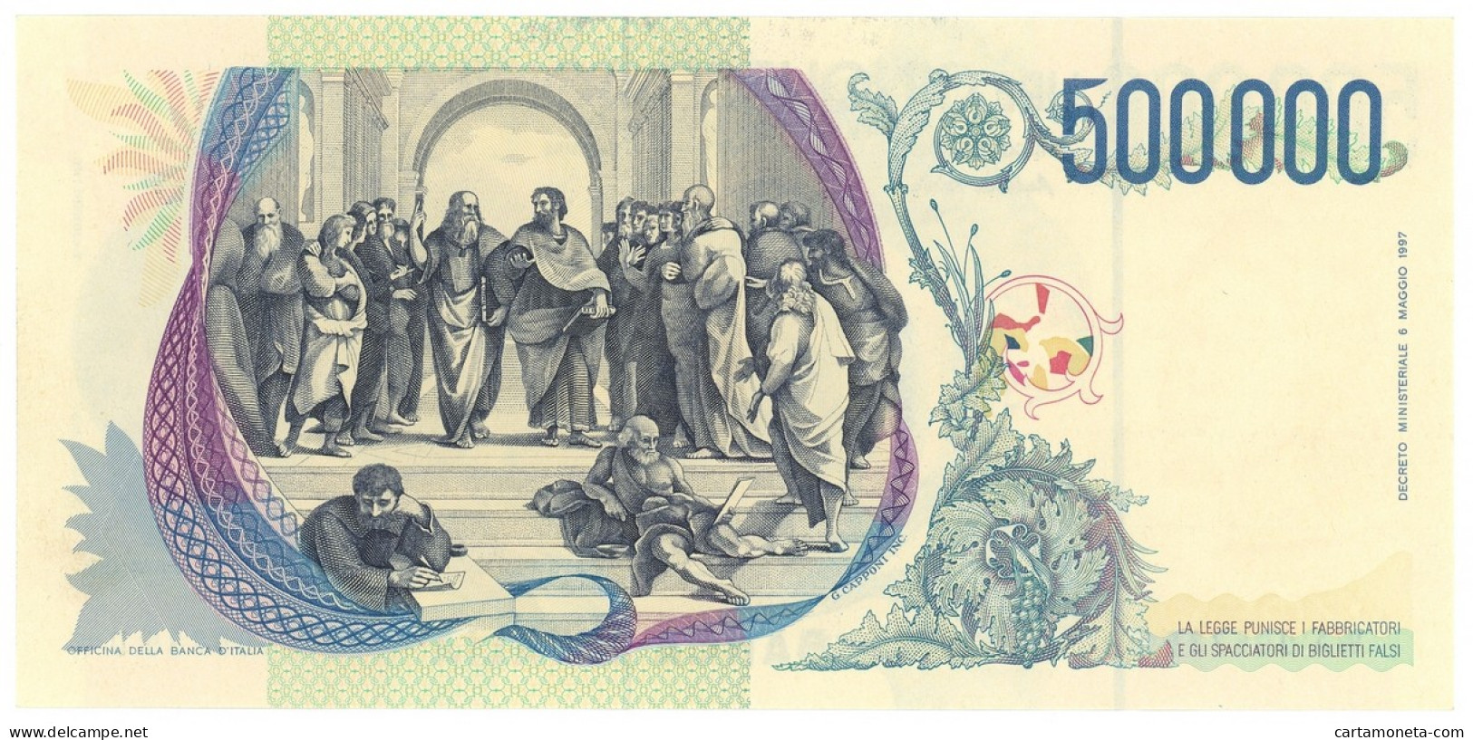 500000 LIRE BANCA D'ITALIA RAFFAELLO LETTERA A 13/05/1997 QFDS - Sonstige & Ohne Zuordnung