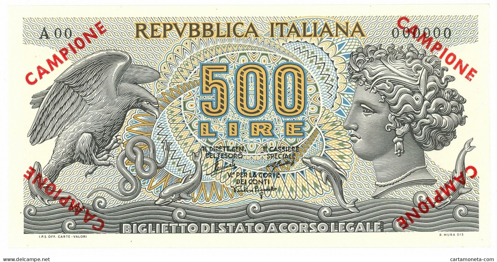 500 LIRE CAMPIONE SPECIMEN BIGLIETTO DI STATO ARETUSA 20/06/1966 QFDS - [ 8] Vals En Specimen