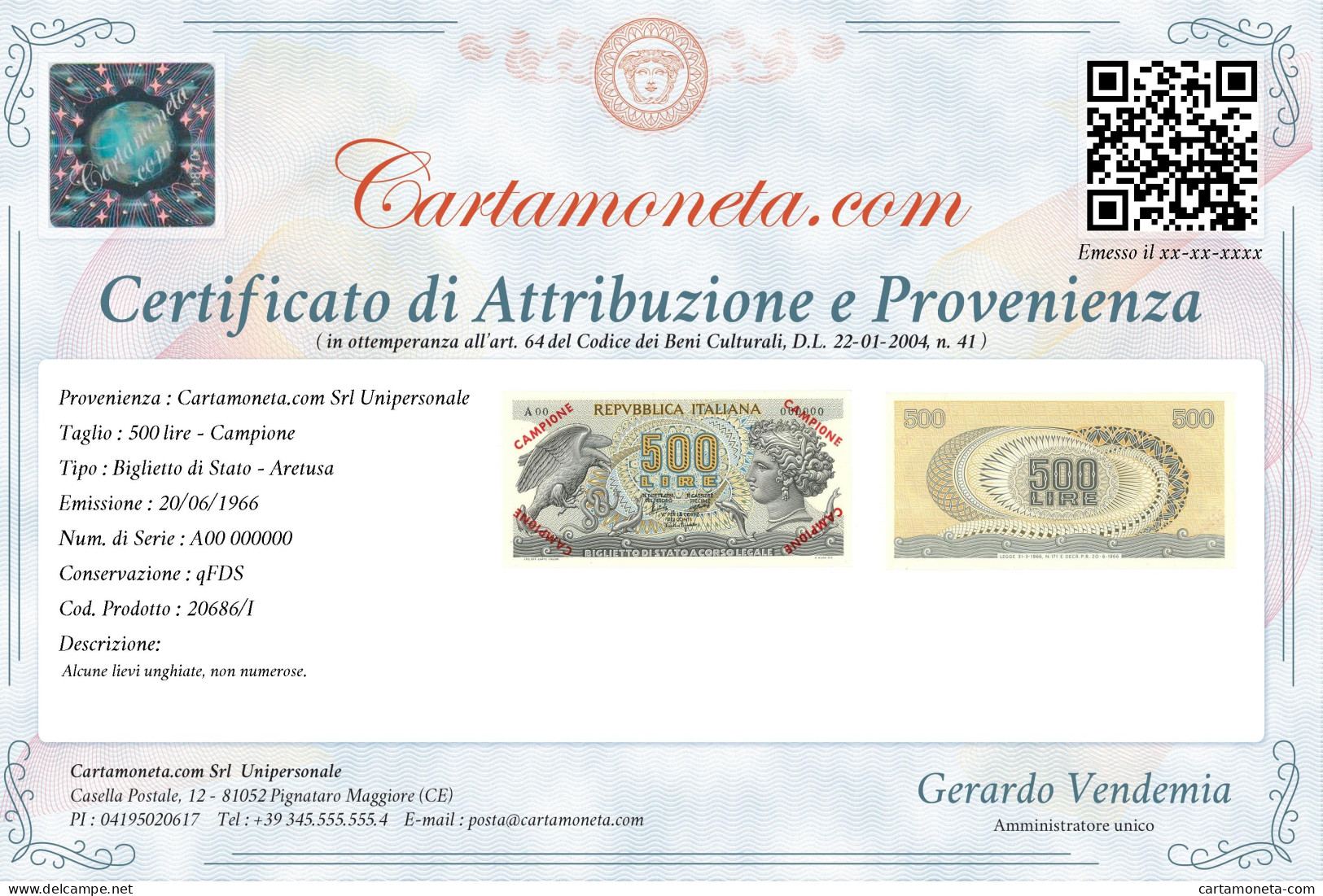 500 LIRE CAMPIONE SPECIMEN BIGLIETTO DI STATO ARETUSA 20/06/1966 QFDS - [ 8] Fakes & Specimens