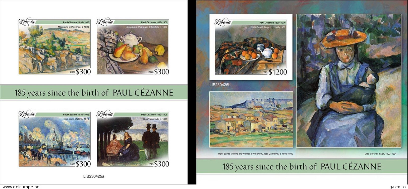 Liberia 2023, Art, Cezanne, 4val In BF +BF IMPERFORATED - Impressionismo