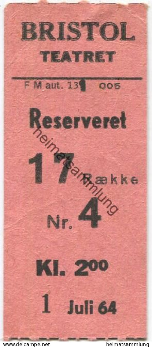 Dänemark - Kobenhavn - Bristol Teatret - Kinokarte 1964 - Tickets D'entrée