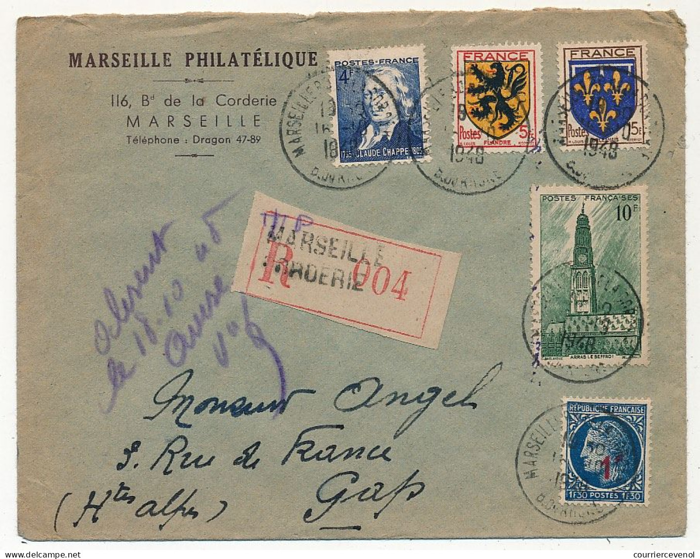 FRANCE - Env. Affr Composé Cérès, Blasons, Chape, Beffroi D'Arras - Recommandée De Marseille Corderie 1948 - Covers & Documents