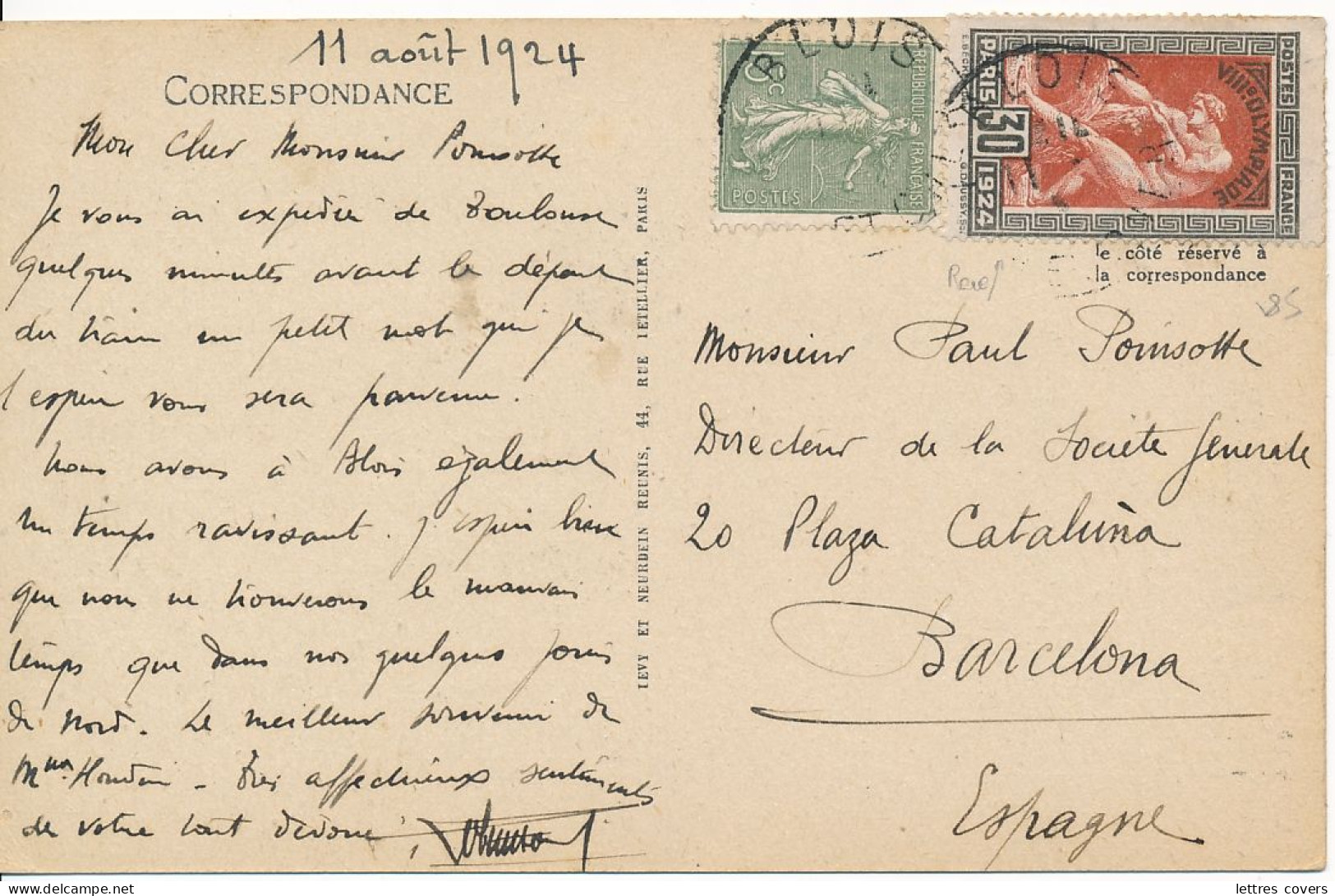 1924 OLYMPIADES  N° 185 30c + 130 Sur CP Etranger 11/8/24 > ESPAGNE - Olympiques Carte Postale JO Barcelona - Sommer 1924: Paris