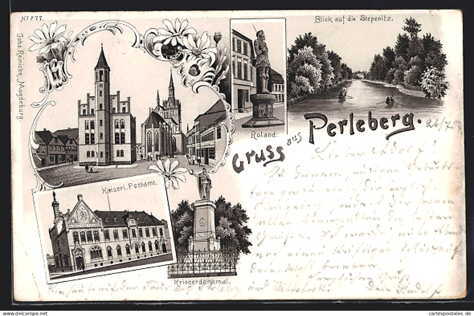 Lithographie Perleberg, Kaiserl. Postamt, Kriegerdenkmal, Roland  - Perleberg