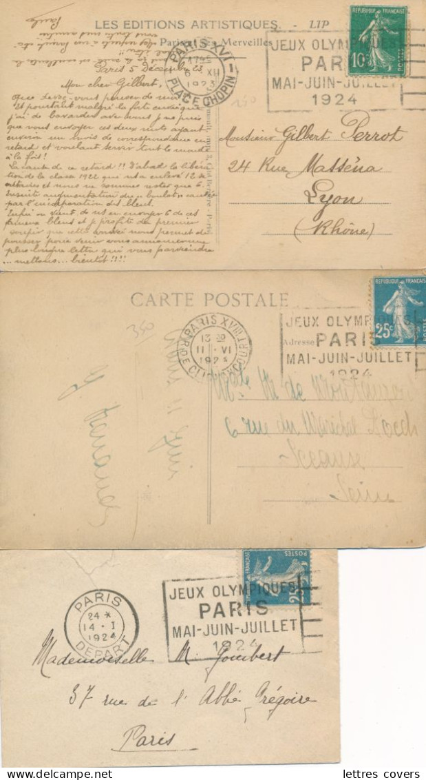 1924 OLYMPIADES  Semeuse Obl JEUX OLYMPIQUES De 3 Bureaux De Paris Lettre CP Carte Postale Cover 140 159 - Sommer 1924: Paris