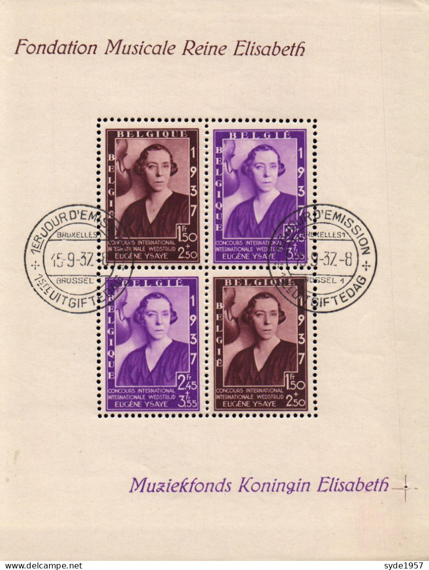 Belgique 1937 Bloc COB N° BL7 Fondation Musicale Reine Elisabeth (1er Jour D'émission) - 1924-1960