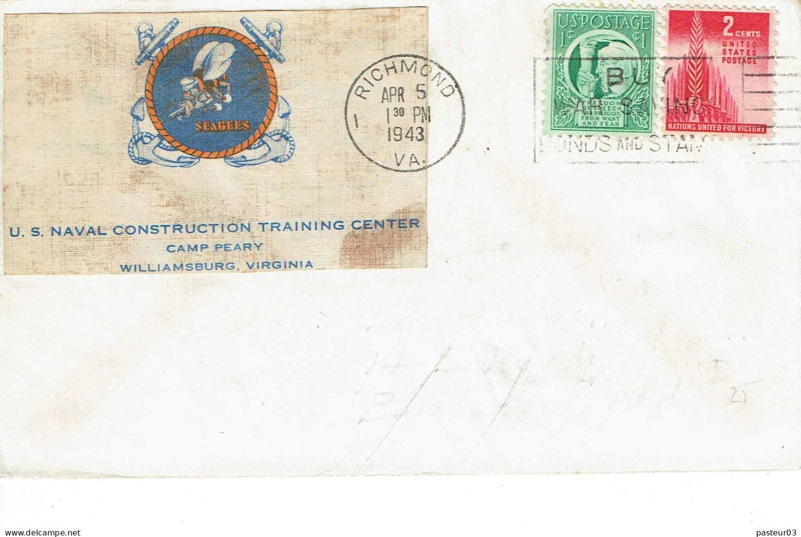 Etats Unis N° 472 + 473 Lettre De Richemond 5 Avril 1943 - Sonstige & Ohne Zuordnung