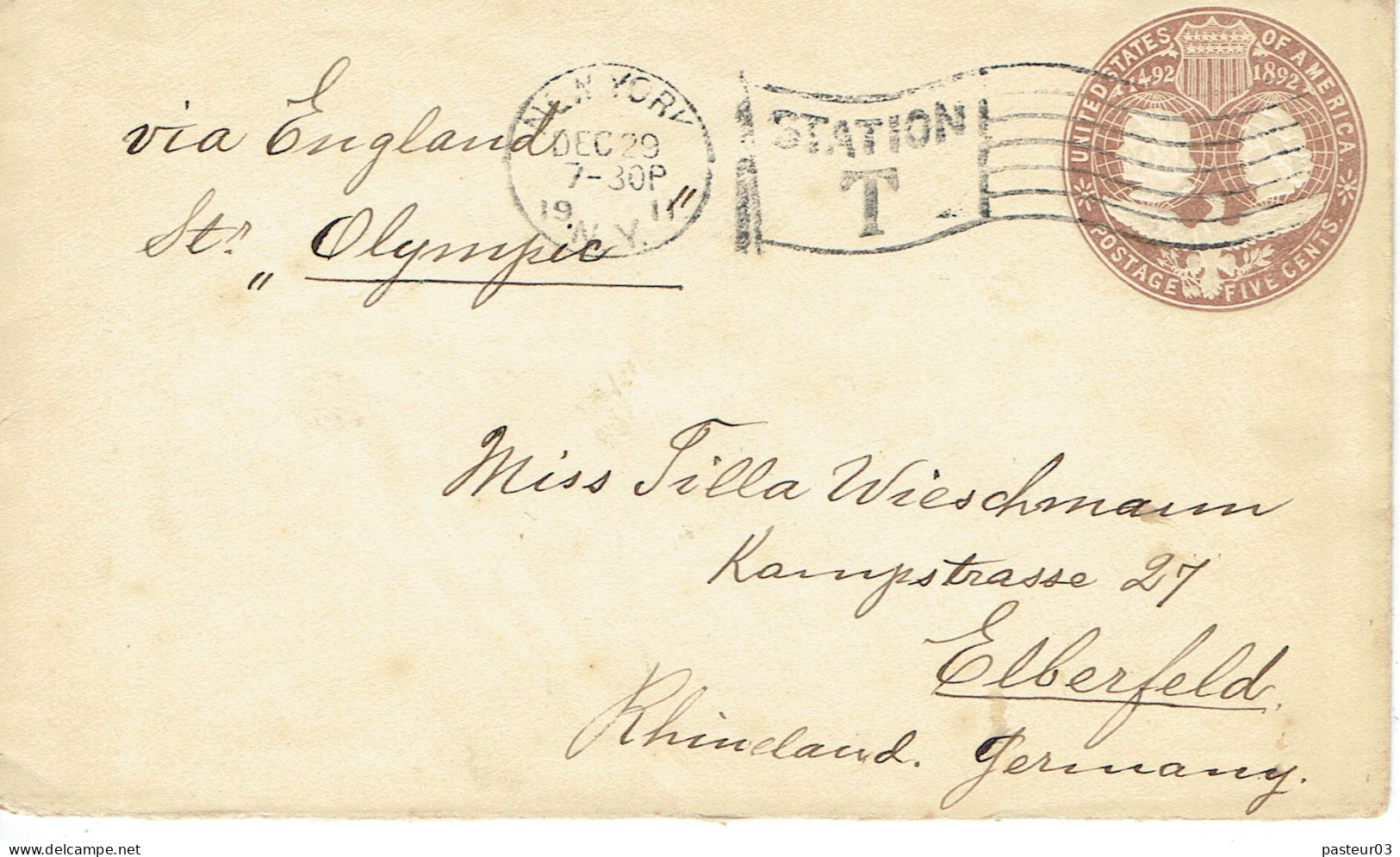 Etats Unis Entier Postal Enveloppe 5 C. Beige Enveloppe De New York à Destination De L'Allemagne - Andere & Zonder Classificatie