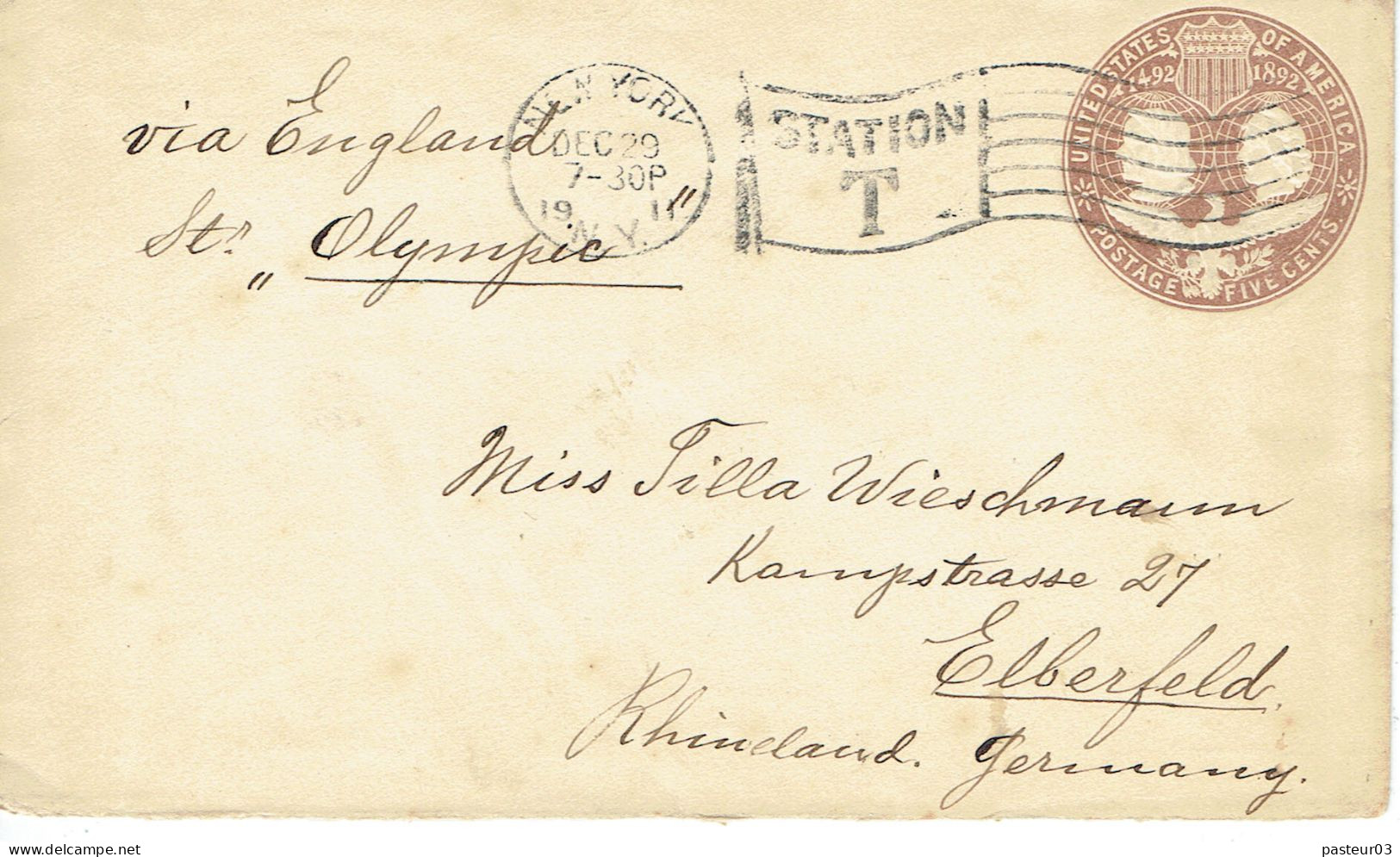 Etats Unis Entier Postal Enveloppe 5 C. Beige Enveloppe De New York à Destination De L'Allemagne - Autres & Non Classés