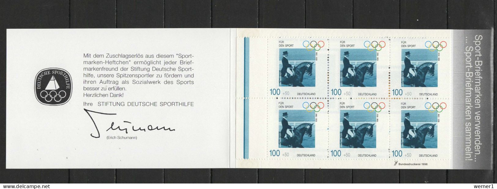 Germany 1996 Olympic Games Atlanta, Equestrian Stamp Booklet With 6 Stamps + Vignette MNH - Zomer 1996: Atlanta