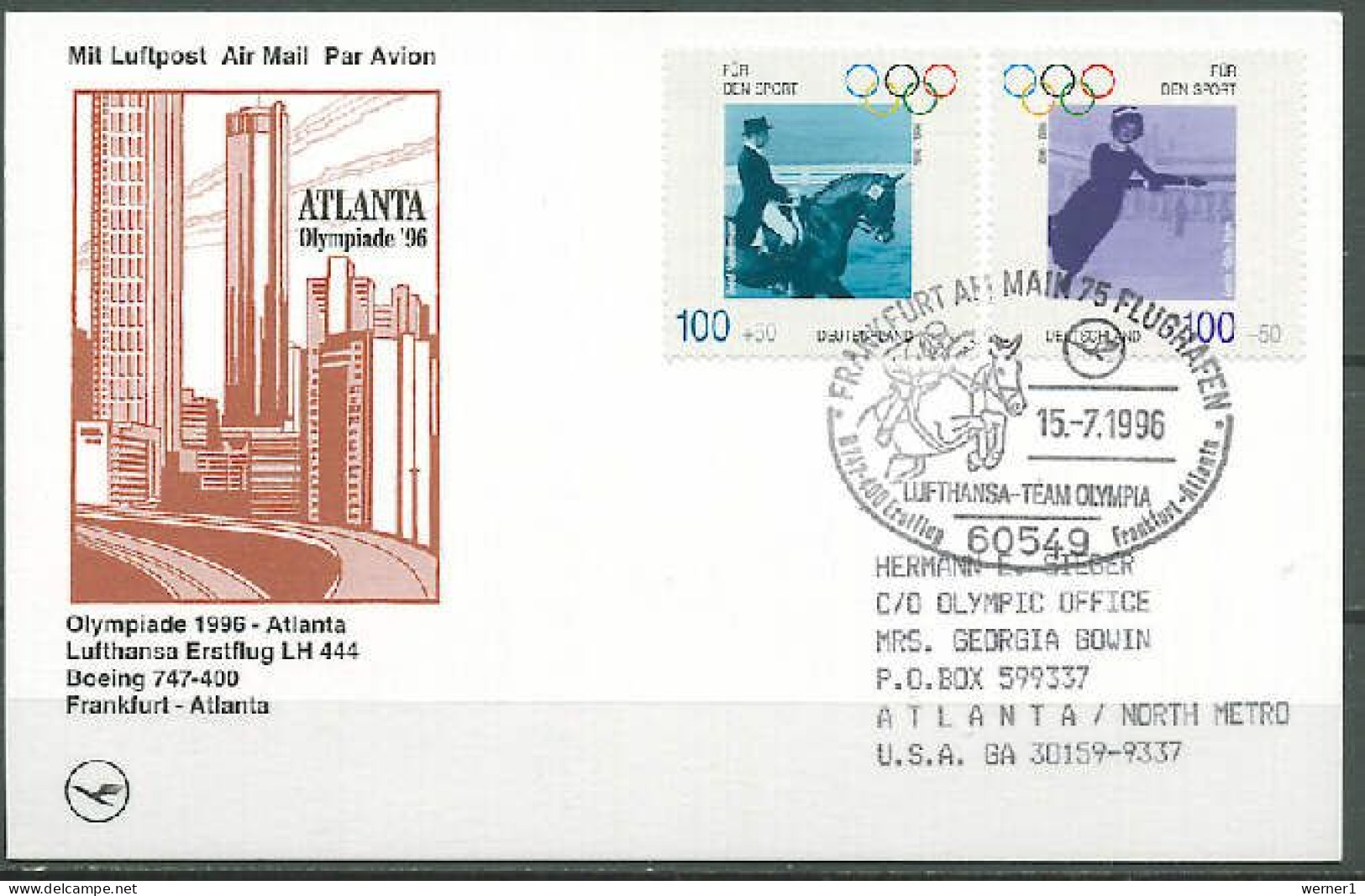 Germany 1996 Olympic Games Atlanta Commemorative Flight Postcard LH444 To Atlanta - Summer 1996: Atlanta