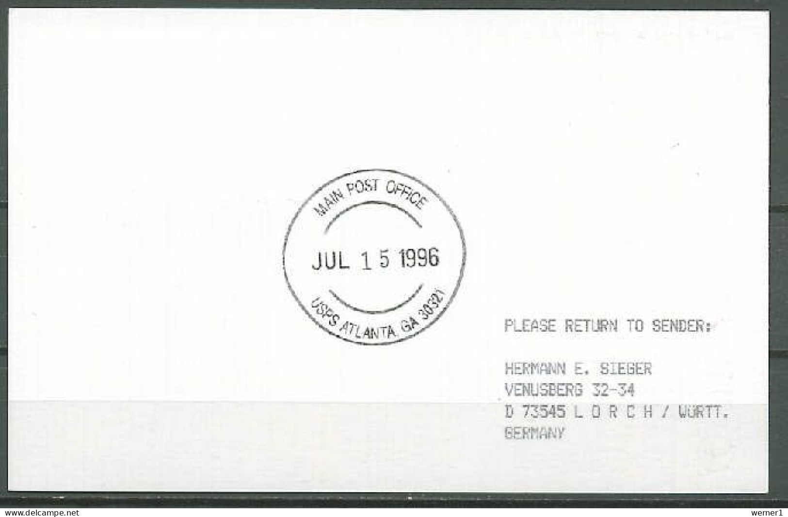 Germany 1996 Olympic Games Atlanta Commemorative Flight Postcard LH444 To Atlanta - Summer 1996: Atlanta