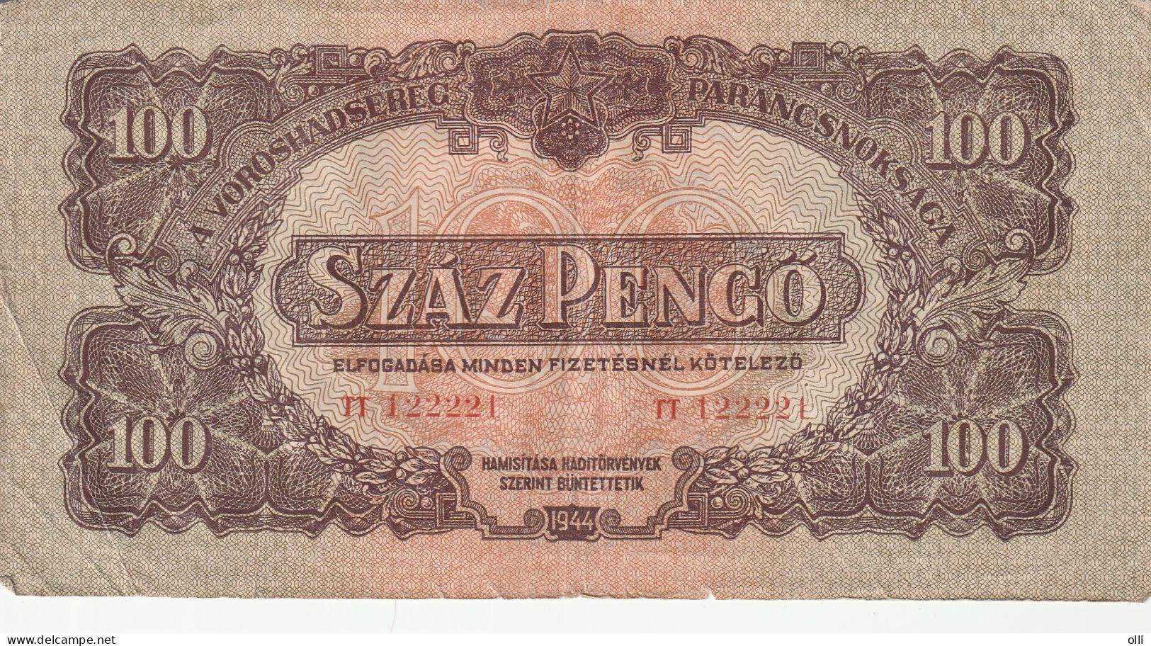 Hungary, Soviet Occupation 100 PENGÖ 1944  F - Hongrie