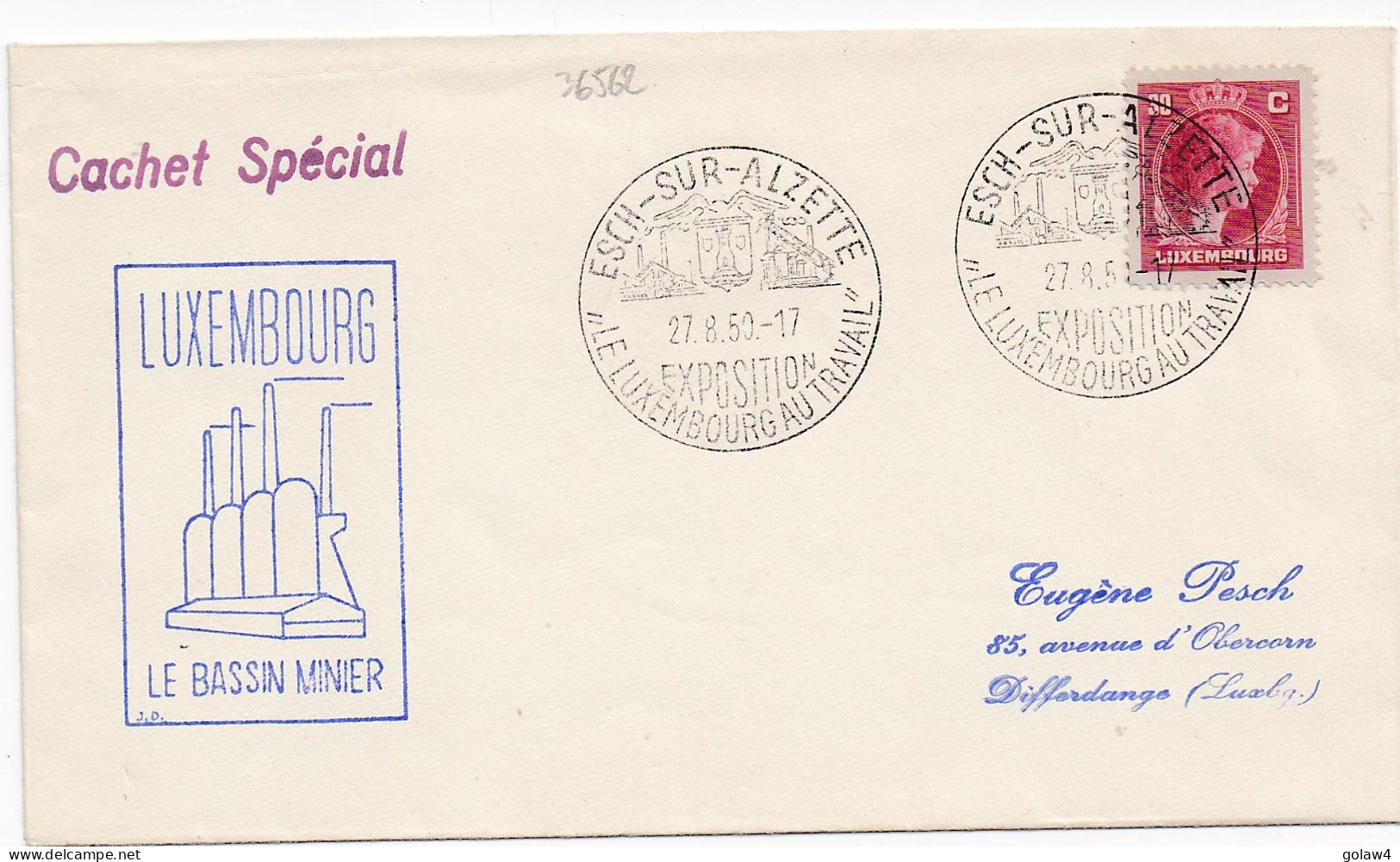 36562# LETTRE Obl ESCH S ALZETTE EXPOSITION LE LUXEMBOURG AU TRAVAIL 27 AOUT 1950 SIDERURGIE USINES LE BASSIN MINIER - Cartas & Documentos