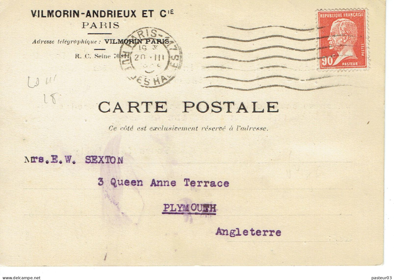 Tarifs Postaux Etranger Du 01-08-1926 (176) Pasteur N° 178 90 C.  Carte Postale Etranger Verso Timbre Fiscal 25 C. Pou - 1922-26 Pasteur