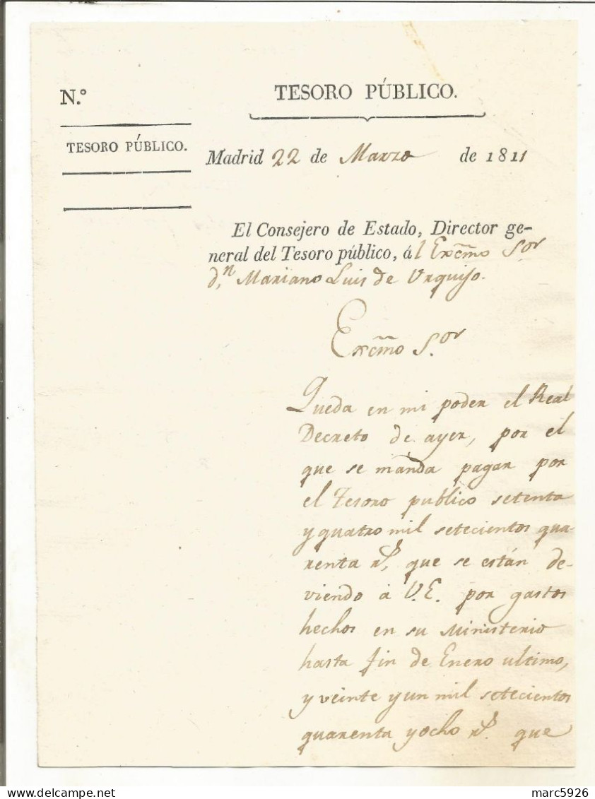 N°1769 ANCIENNE LETTRE ESPAGNOLE A MARIANO LUIS DE URQUIJO DU TESORO PUBLICO MADRID DATE 1821 - Documenti Storici