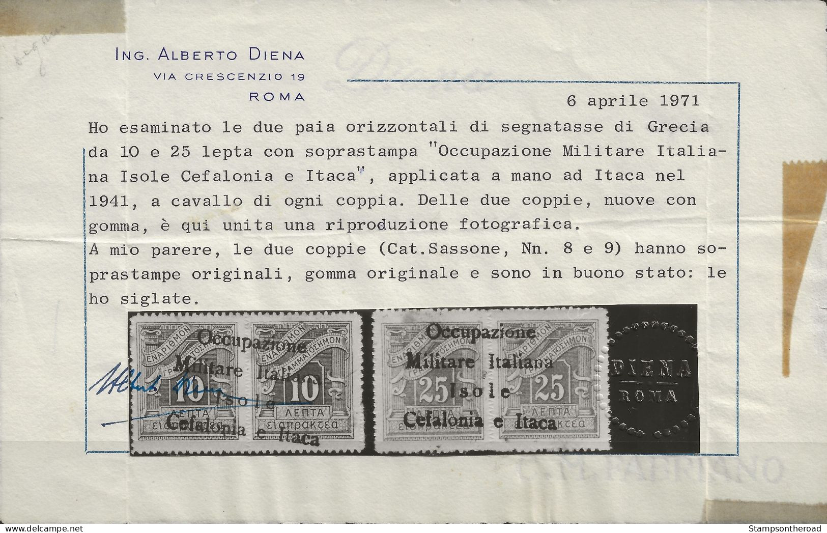 OICISx8N-1941 Occup. Italiana CEFALONIA E ITACA, Sass. Nr. 8, Segnatasse Nuovo Senza Linguella **/ Certificato - Cefalonia & Itaca