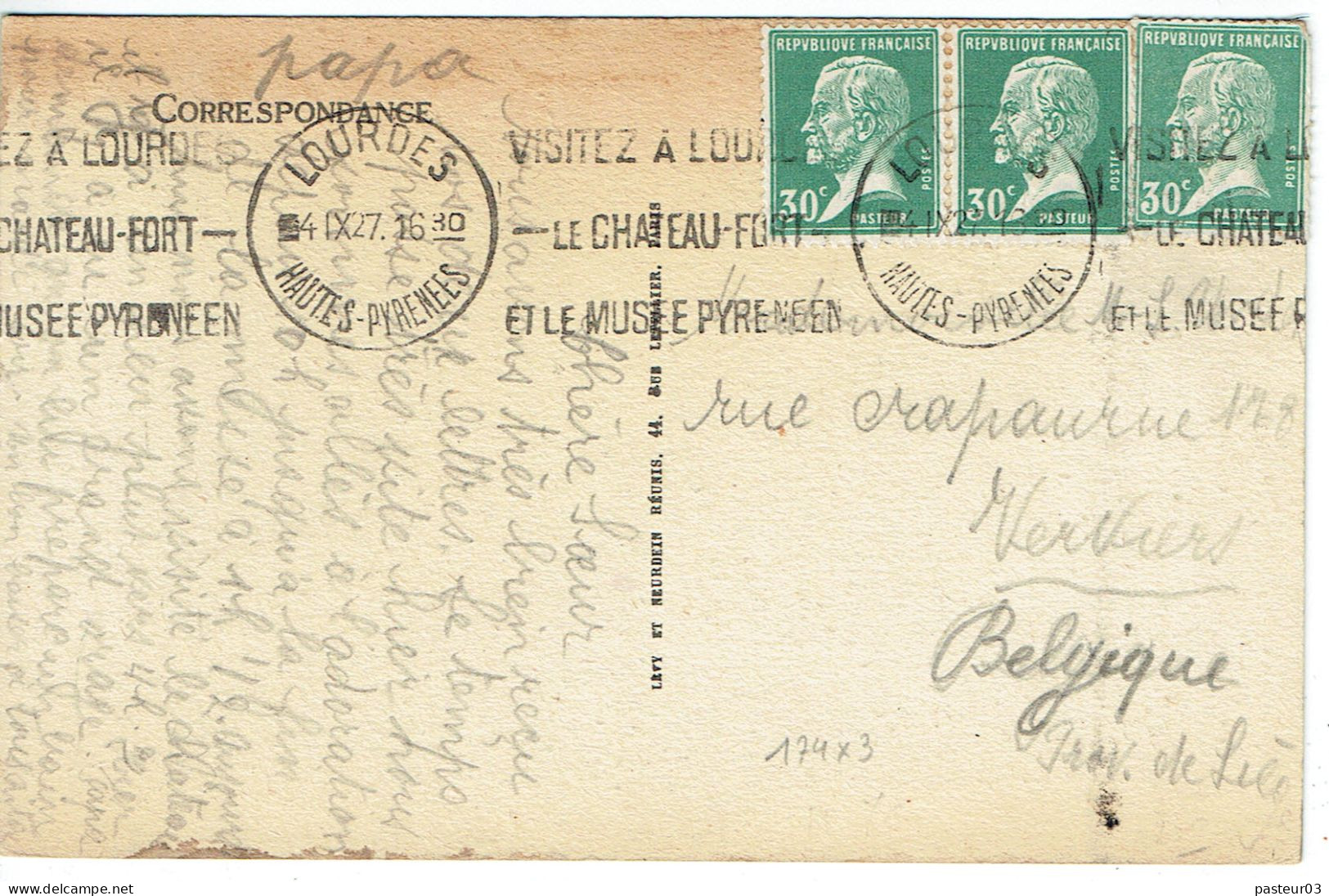 Tarifs Postaux Etranger Du 01-08-1926 (179) Pasteur N° 174 30 C. X 3 Carte Postale Etranger 04-09-1927 - 1922-26 Pasteur