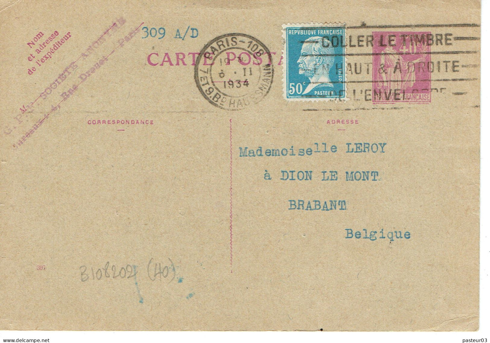 Tarifs Postaux Etranger Du 01-08-1926 (181) Pasteur N° 176 50 C. Sur Entier Postal Paix 40 C. Carte Postale Etranger 06- - 1922-26 Pasteur
