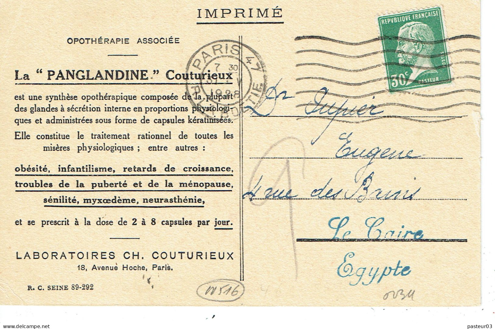 Tarifs Postaux Etranger Du 01-08-1926 (188) Pasteur N° 174 30 C. C. P.Assimilée Imprimés Pour L'Egypte RARE 31-05-1928 - 1922-26 Pasteur
