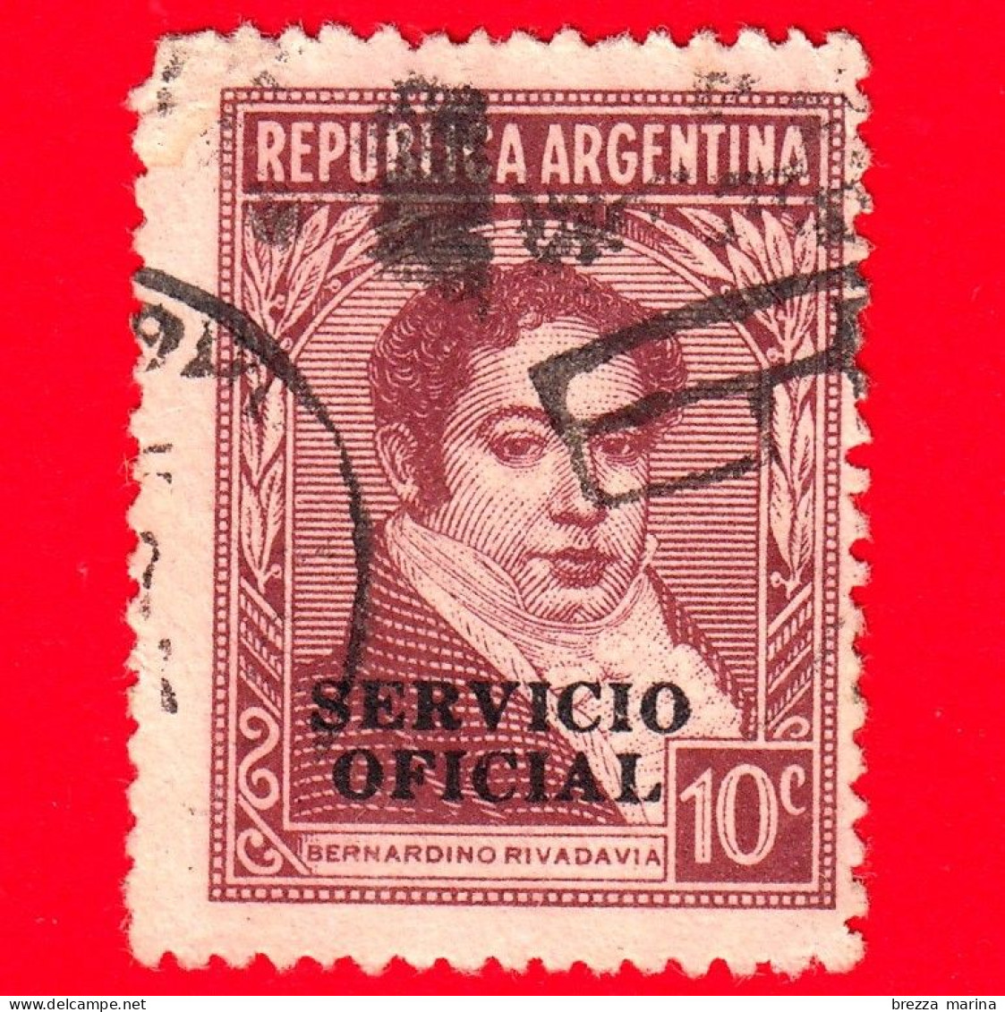 ARGENTINA - Usato - 1943 - Bernardino Rivadavia (1780-1845), Sovrastmpato SERVICIO OFICIAL - 10 - Gebruikt