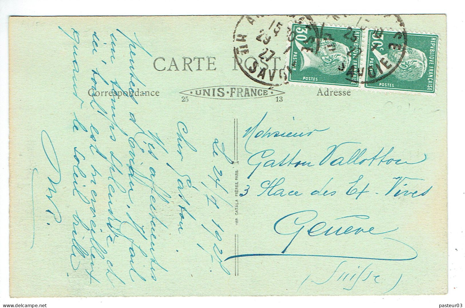 Tarifs Postaux Etranger Du 01-08-1926 (198) Pasteur N° 174 30 C. X 2 C. P.Tarif Frontalier Suisse 29-07-1927 - 1922-26 Pasteur