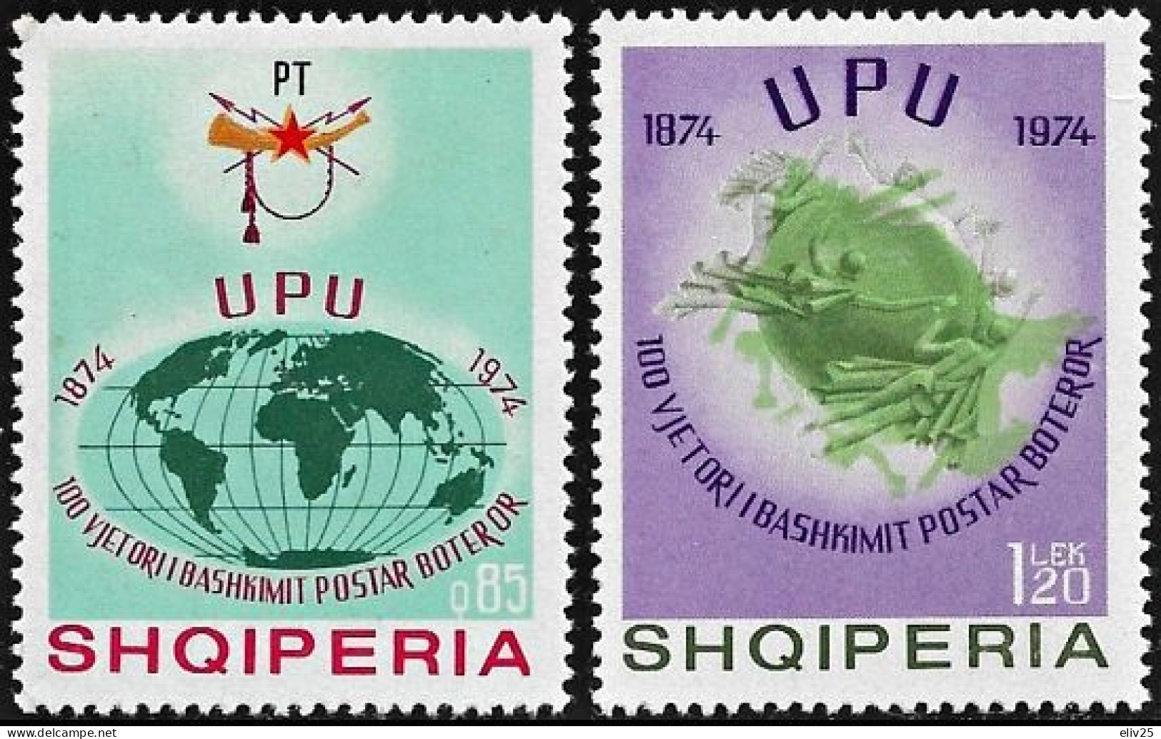 Albania 1974, 100 Years Of The Universal Postal Union (UPU) - 2 V. MNH - UPU (Unión Postal Universal)