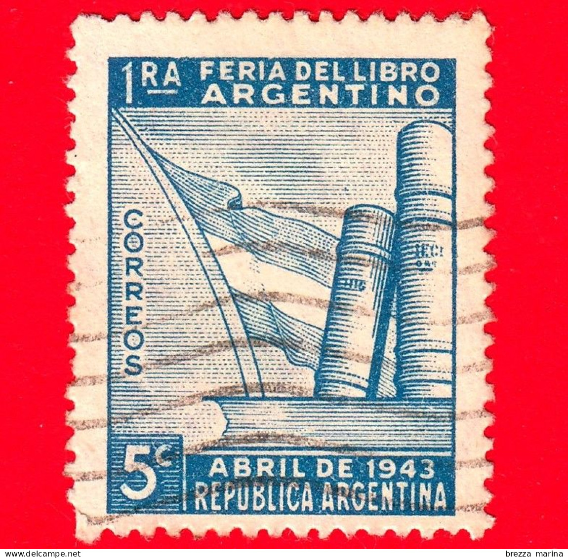 ARGENTINA - Usato - 1943 - Fiera Del Libro - Libri E Bandiera Argentina - 5 - Used Stamps