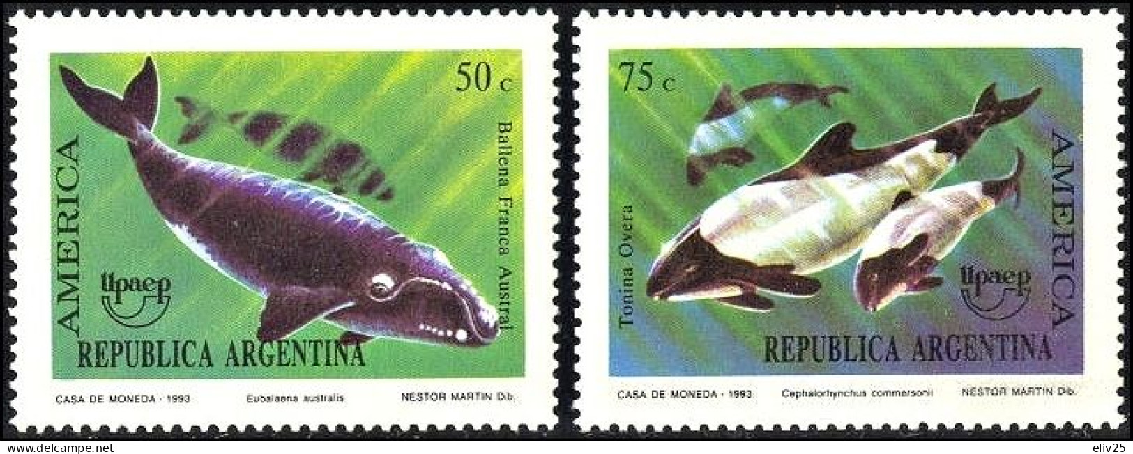 Argentina 1993, Endangered Animals Whales Dolphins - 2 V. MNH - Ballenas