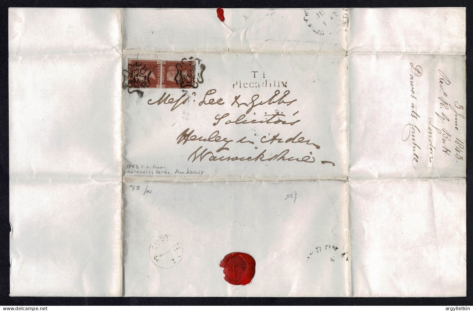 GREAT BRITAIN 1843 MALTESE CROSS HATCHETT'S HOTEL PICCADILLY - Storia Postale