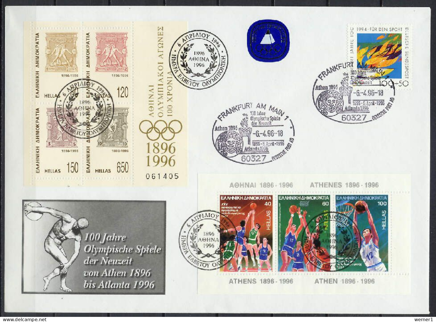 Greece / Germany 1996 Olympic Games Atlanta, Commemorative Cover With 2 S/s From Greece And German Stamp - Zomer 1996: Atlanta