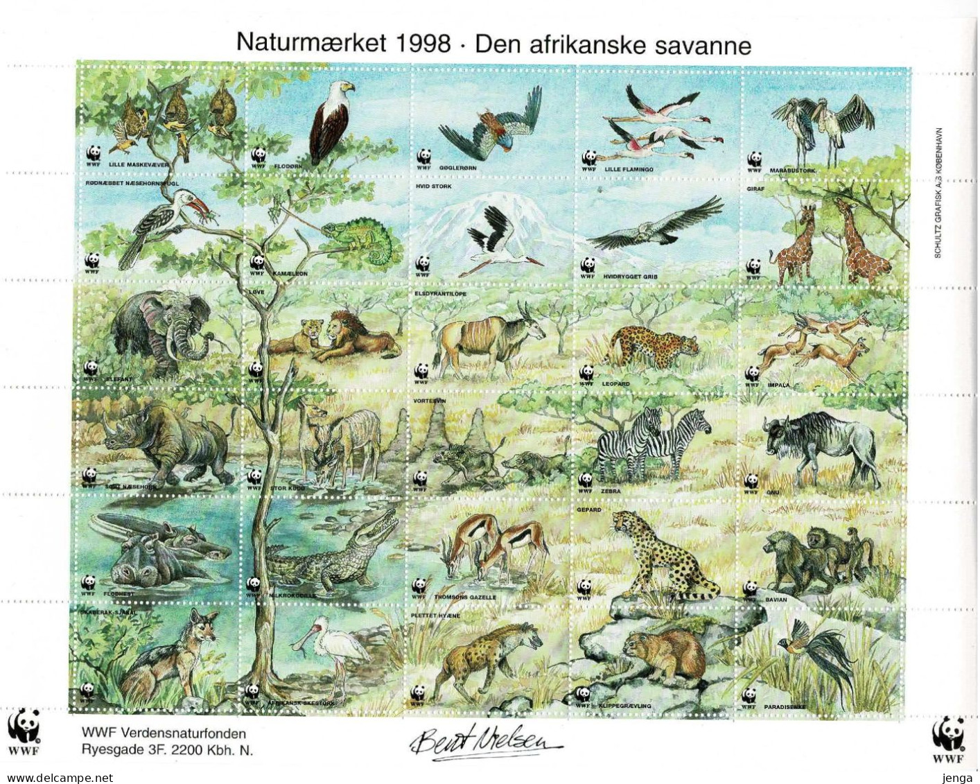 Denmark WWF 1998.  Sheet  With 30 Labels;  The African Savannah. - Altri & Non Classificati
