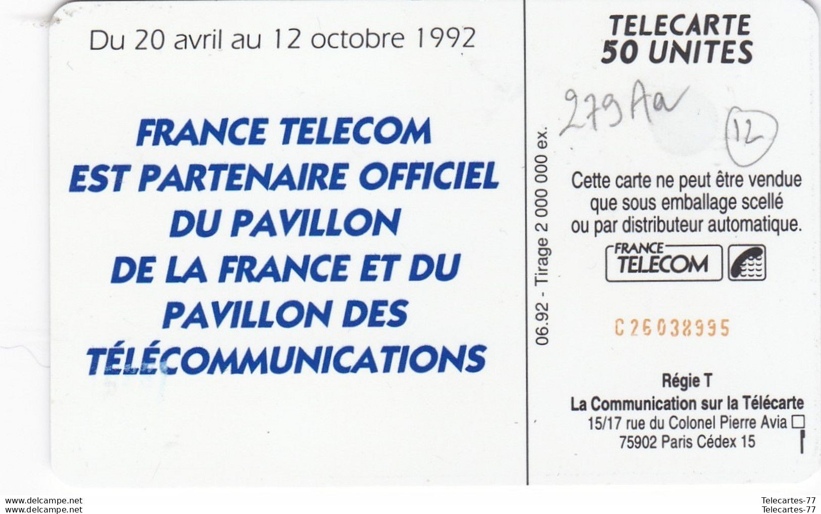F279Aa-EXPOSITION DE SEVILLE N° Rouge-50u-SC5-06/92 - 1992