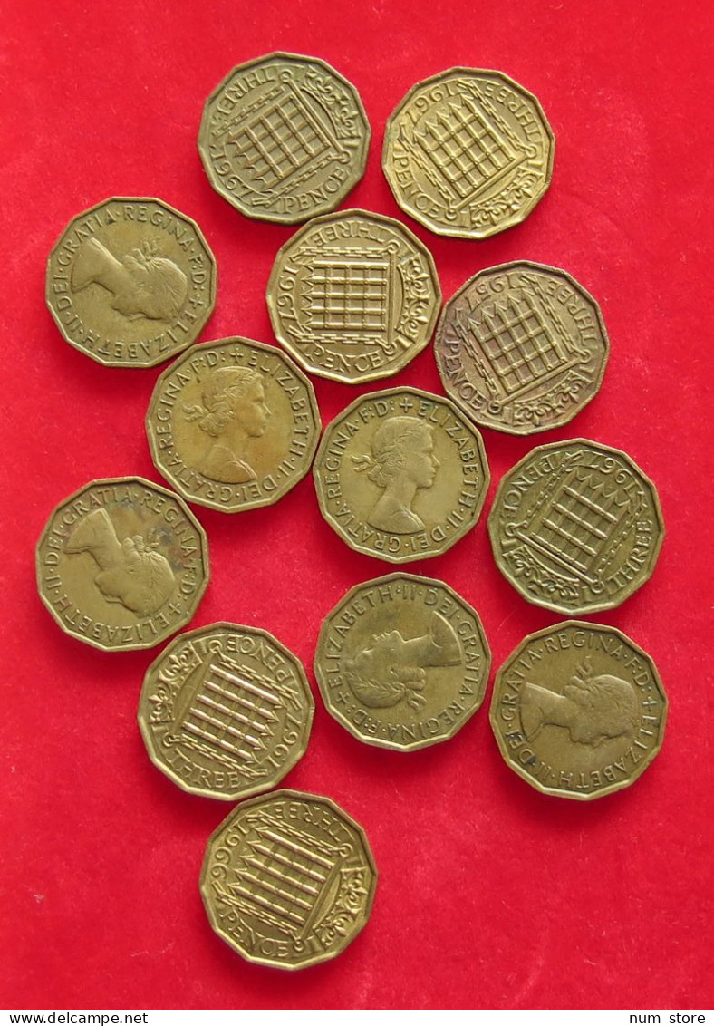 COLLECTION LOT GREAT BRIATIN THREEPENCE 13PC 89G #xx40 1468 - Collections