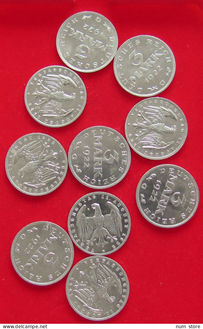COLLECTION LOT GERMANY WEIMAR 3 MARK 10PC 21G #xx40 1120 - Collections
