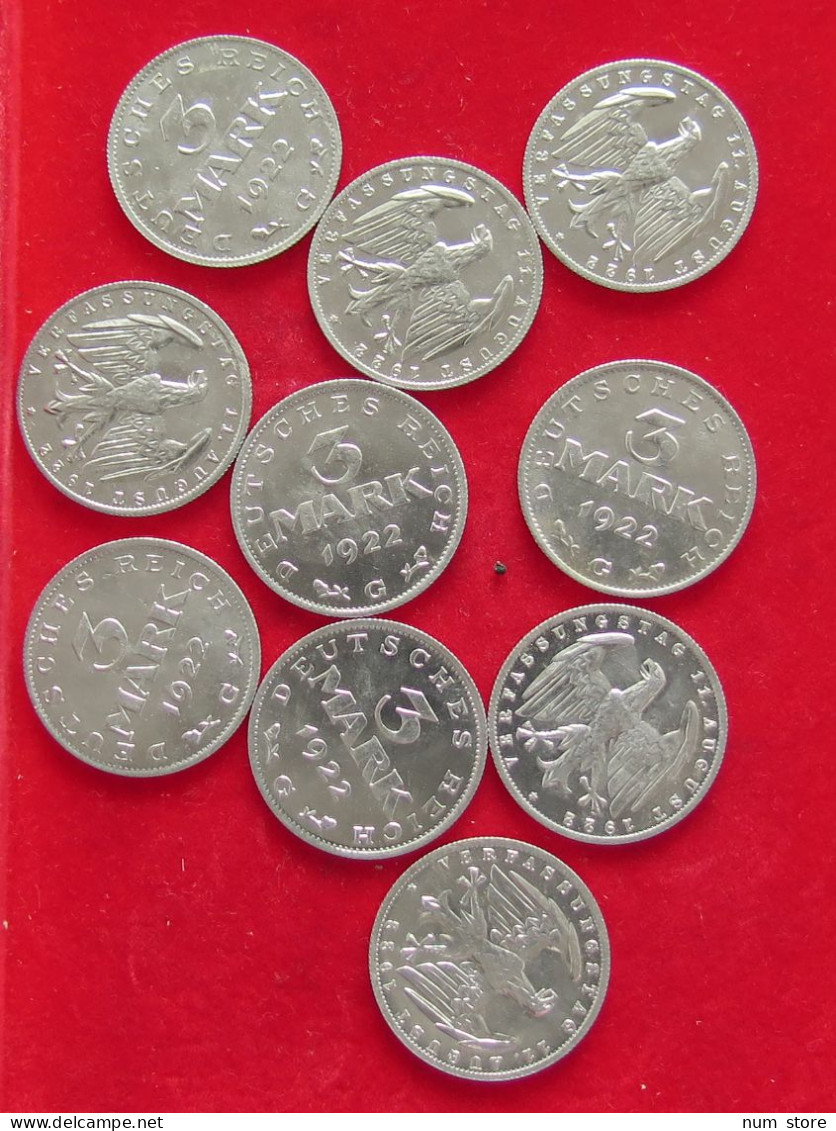 COLLECTION LOT GERMANY WEIMAR 3 MARK 10PC 21G #xx40 1118 - Collections