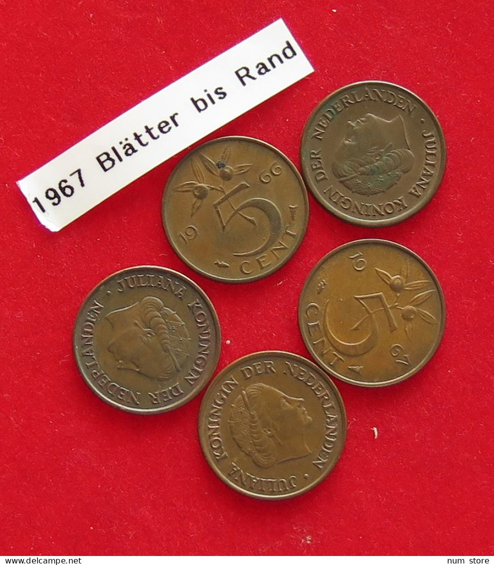 COLLECTION LOT NETHERLANDS 5 CENTS 1967 Leaves Nearly Touching Rim 5PC 18G #xx40 1717 - Colecciones