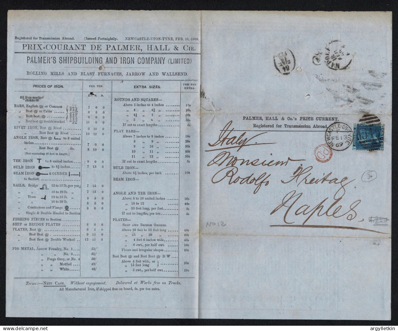 GREAT BRITAIN 1869 NEWCASTLE 2D BLUE TO NAPLES WITH SHIPBUILDING PRICES - Cartas & Documentos