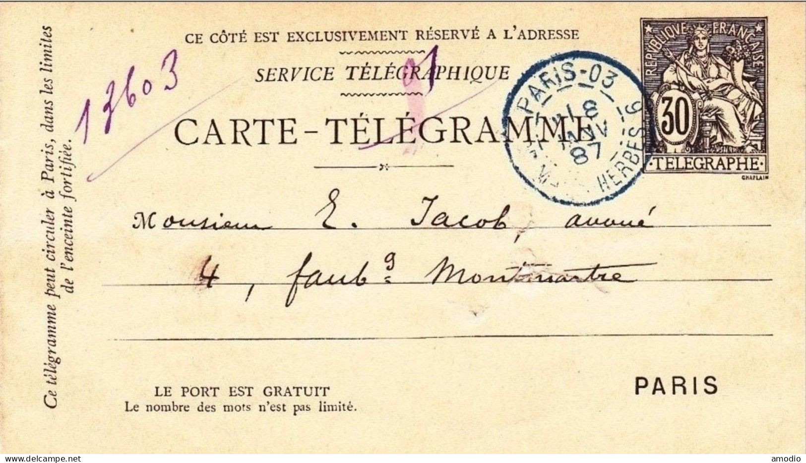 France CARTE TÉLÉGRAMME Type CHAPLAIN CPRP 30c Pour Paris, Cad Bleu PARIS Malesherbes 08/01/1887. Petite Perforation - Pneumatische Post