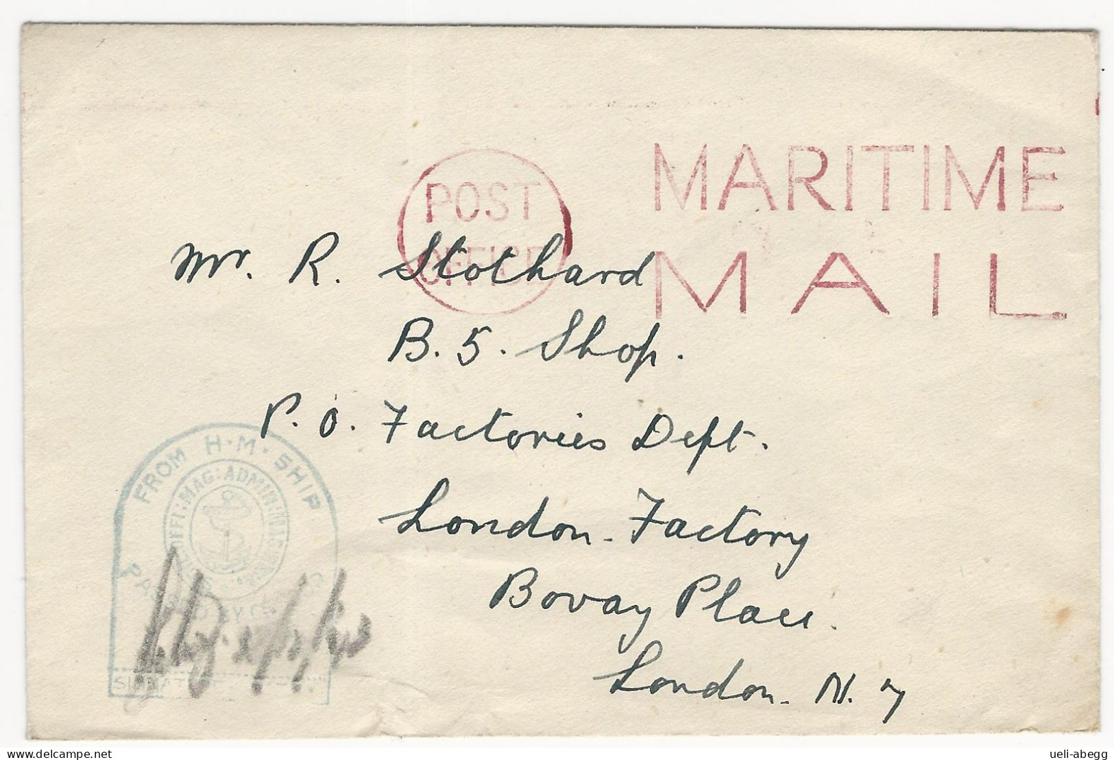 Censored Ship Letter 1943, Maritime Mail To London - Brieven En Documenten